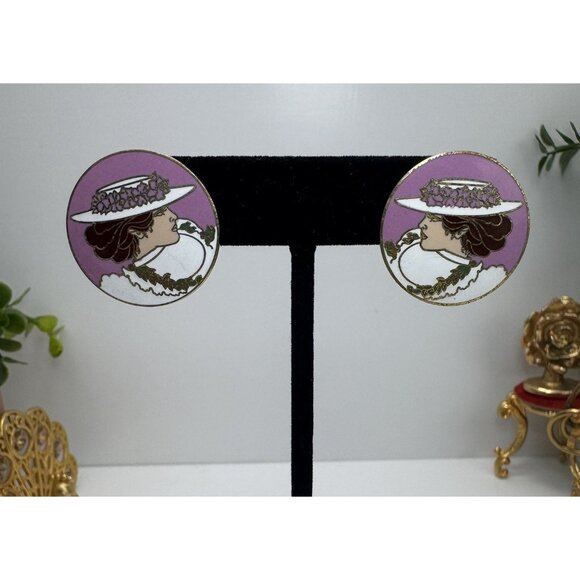 Diana Hansen-Young 1988 Jewelry - Diana Hansen-Young 1988 Enamel Earrings Vintage Art Nouveau Lady Portrait Rare